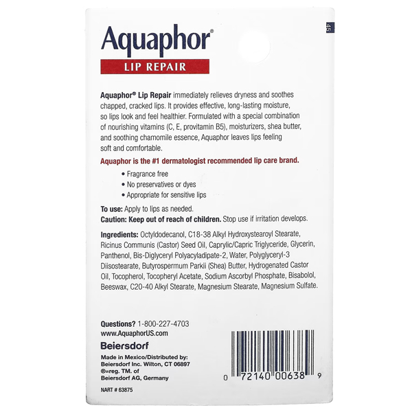 Aquaphor, Lip Repair, Immediate Relief, Fragrance Free, 0.35 fl oz (10 ml)