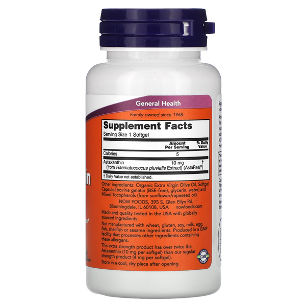 NOW Foods Astaxanthin Extra Strength 10mg 60 Softgels